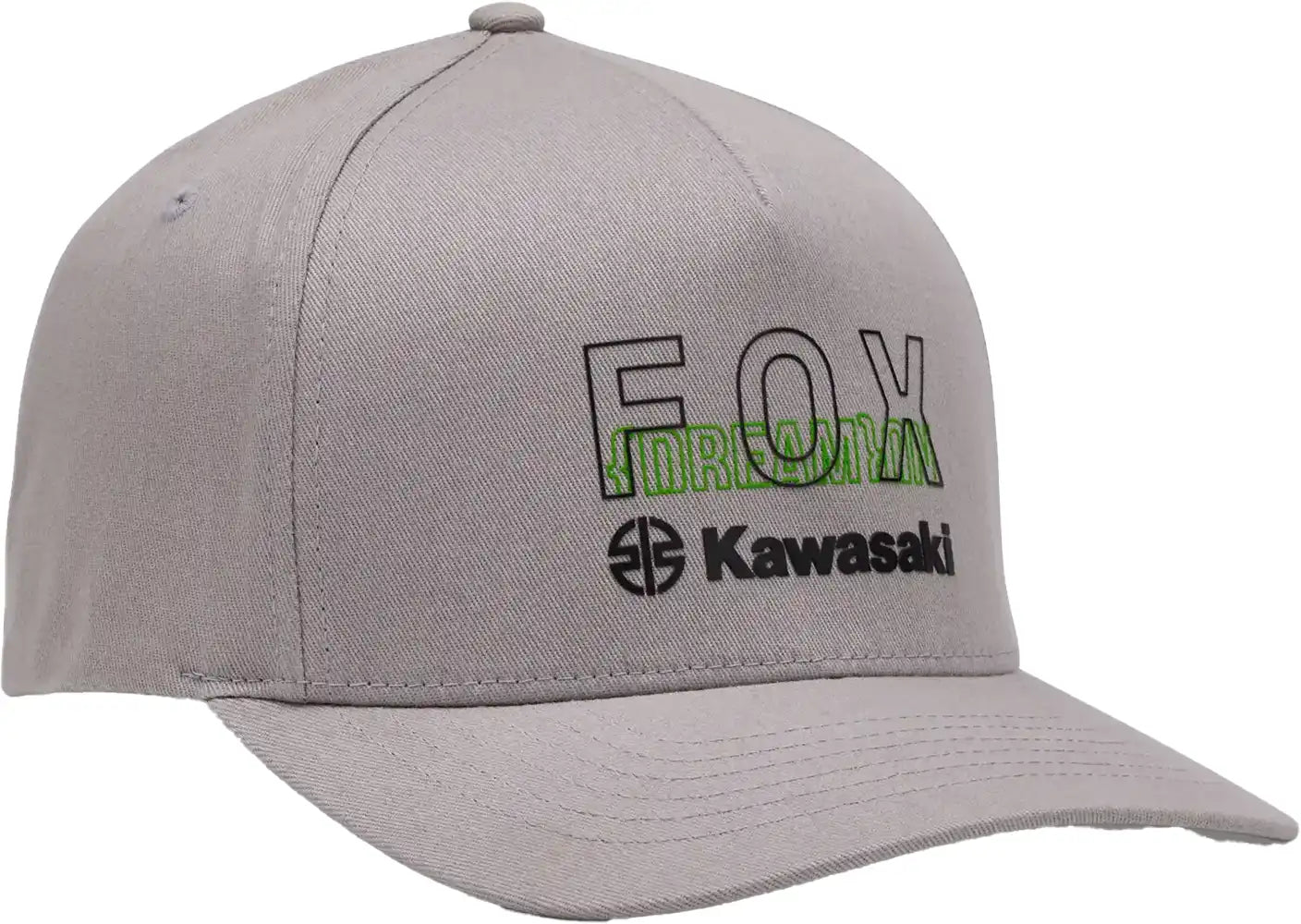 Fox X Kawi Flexfit men's hat, stylish black baseball cap with logo embroidery, adjustable fit, casual outdoor clothing accessory.