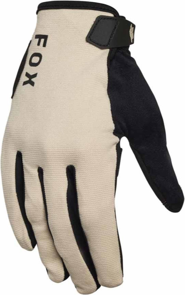 Fox Ranger Gel men's MTB gloves, black cycling gloves with padded gel palms and adjustable wrist straps for mountain biking.