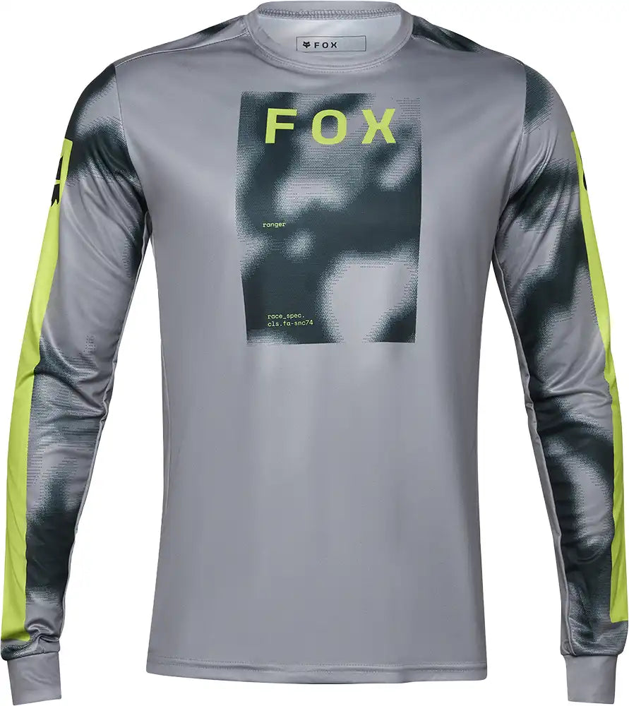 Men's Fox Ranger Taunt long-sleeve MTB jersey in black with Fox logo, designed for mountain biking comfort and performance.