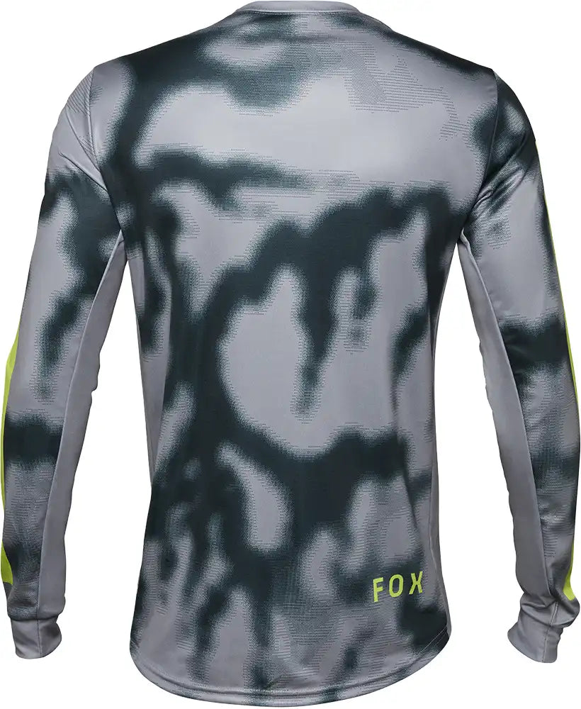 Men's Fox Ranger Taunt LS MTB jersey, long sleeve cycling shirt with Fox logo, breathable fabric, and vibrant design for mountain biking.