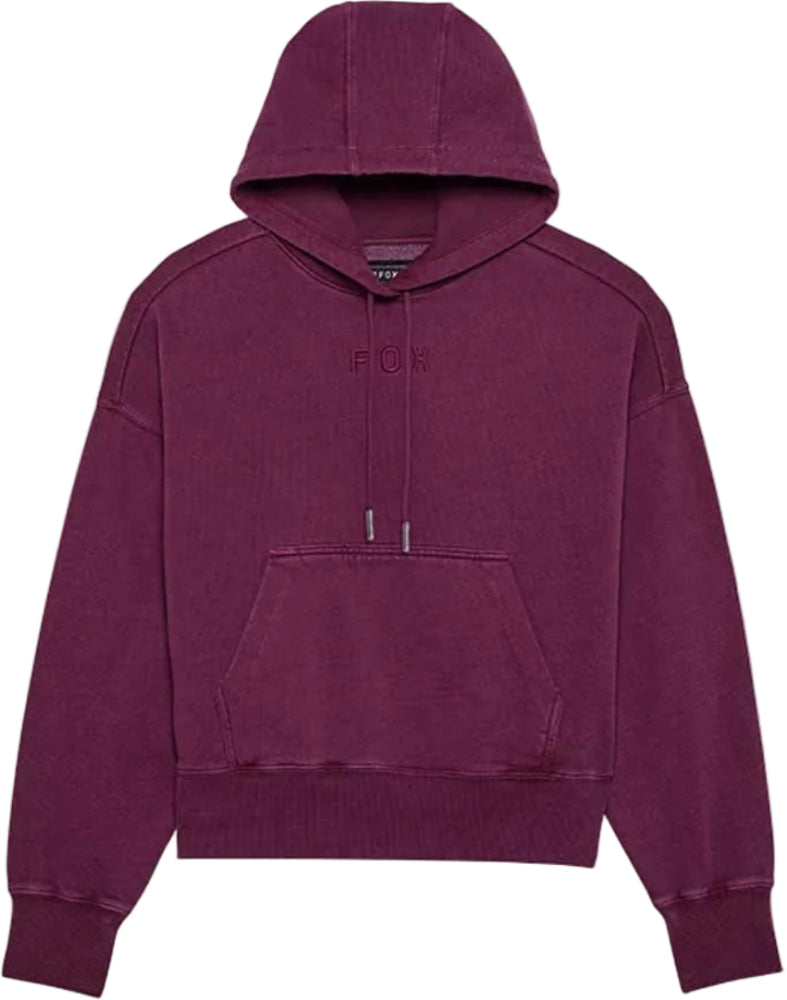 Fox oversized fleece pullover hoodie featuring the Fox wordmark, designed for women's casual and comfortable streetwear.