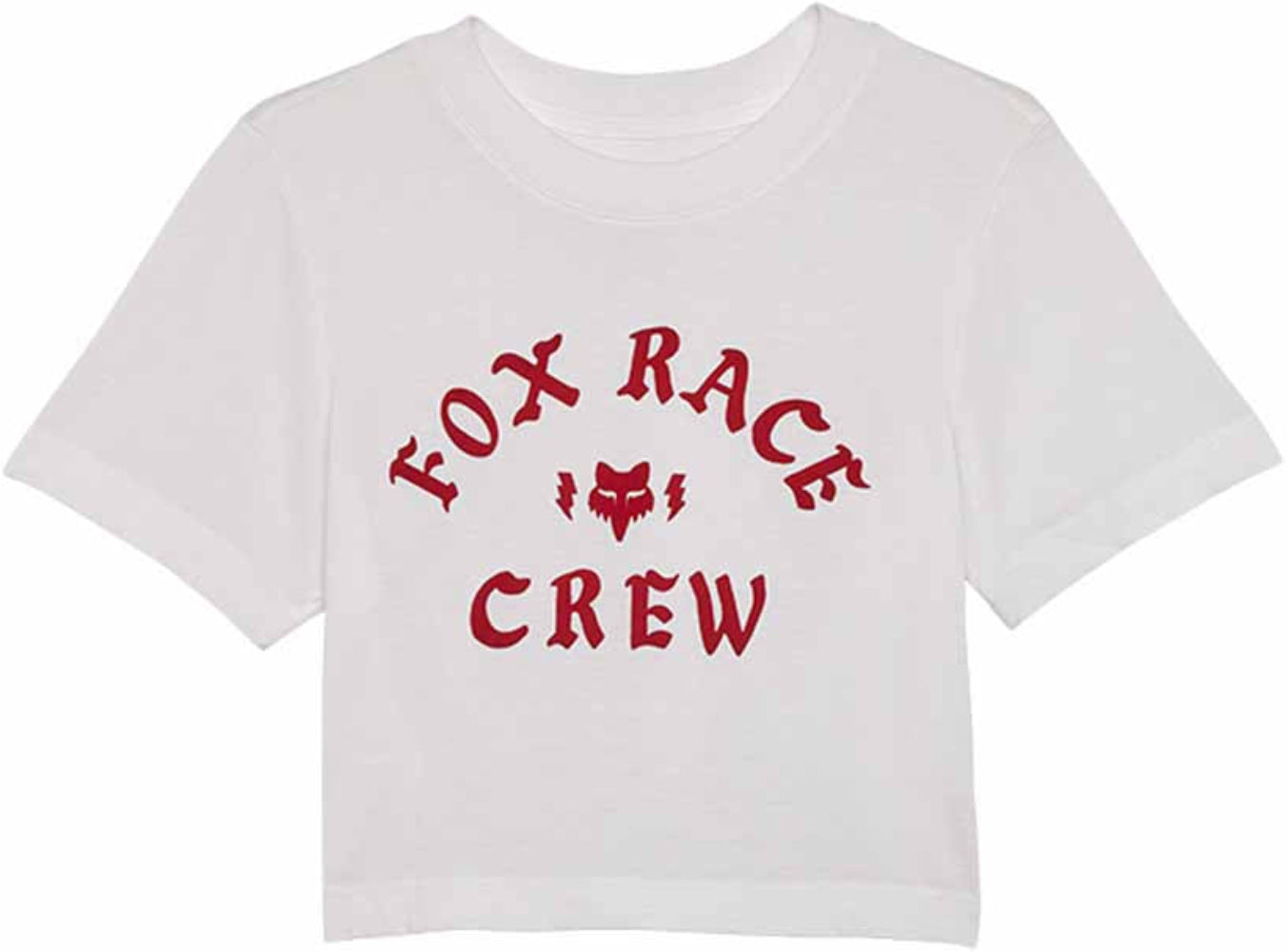 Fox Race Crew Baby SS Women's T-Shirt, lightweight cotton short-sleeve top with Fox logo, in white with racing graphic on front.