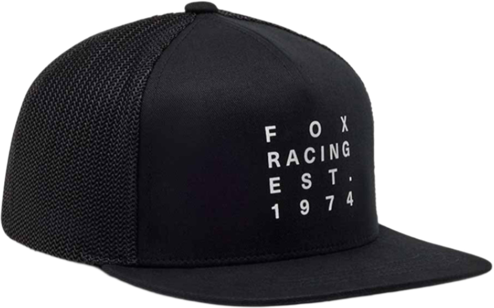 Youth Fox Est.1974 Trucker Hat featuring a mesh back and adjustable snap closure, with the Fox logo on the front.