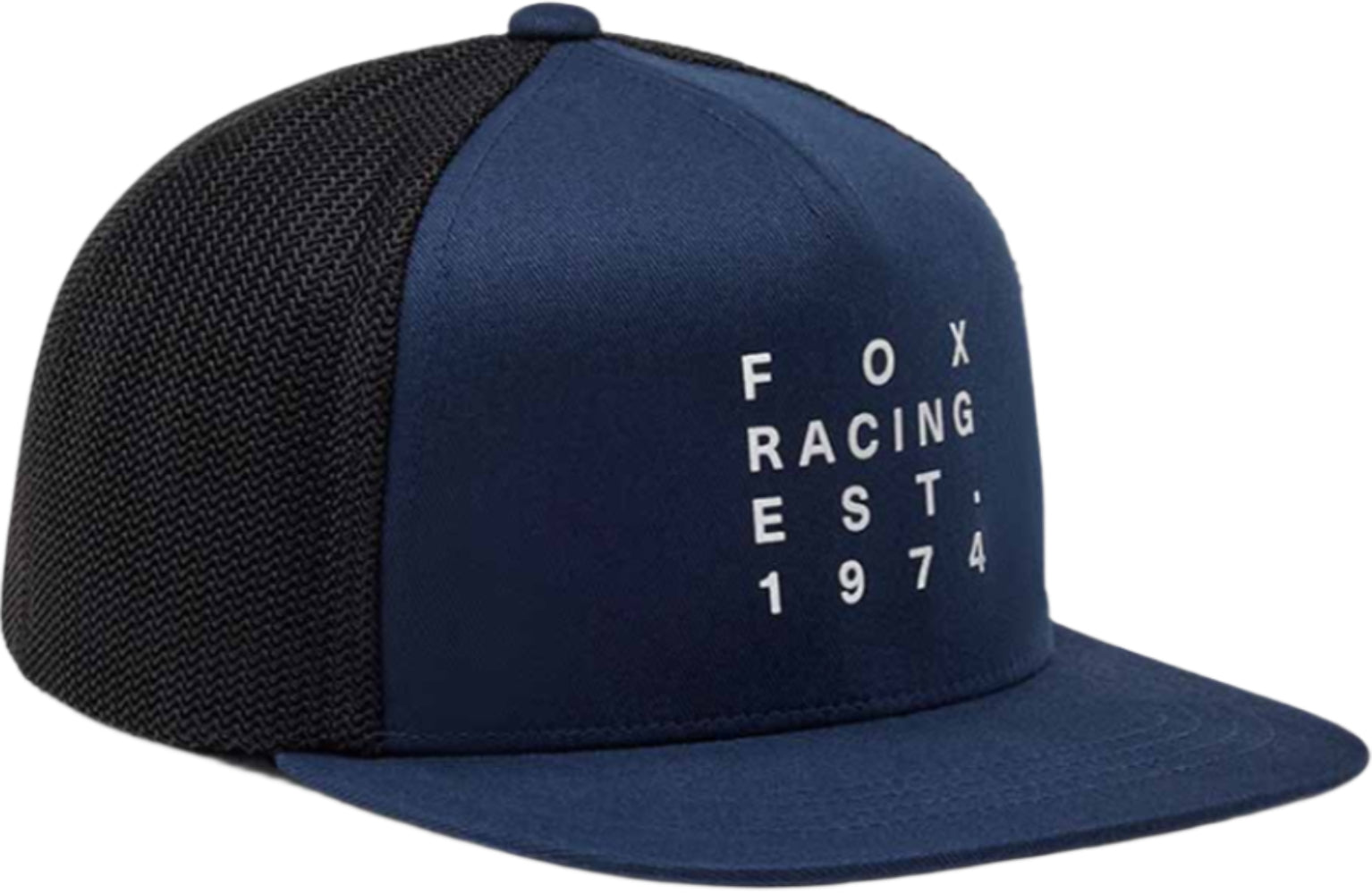 Youth Fox Est.1974 Trucker Hat featuring a mesh back, adjustable strap, and iconic Fox logo embroidery on the front.