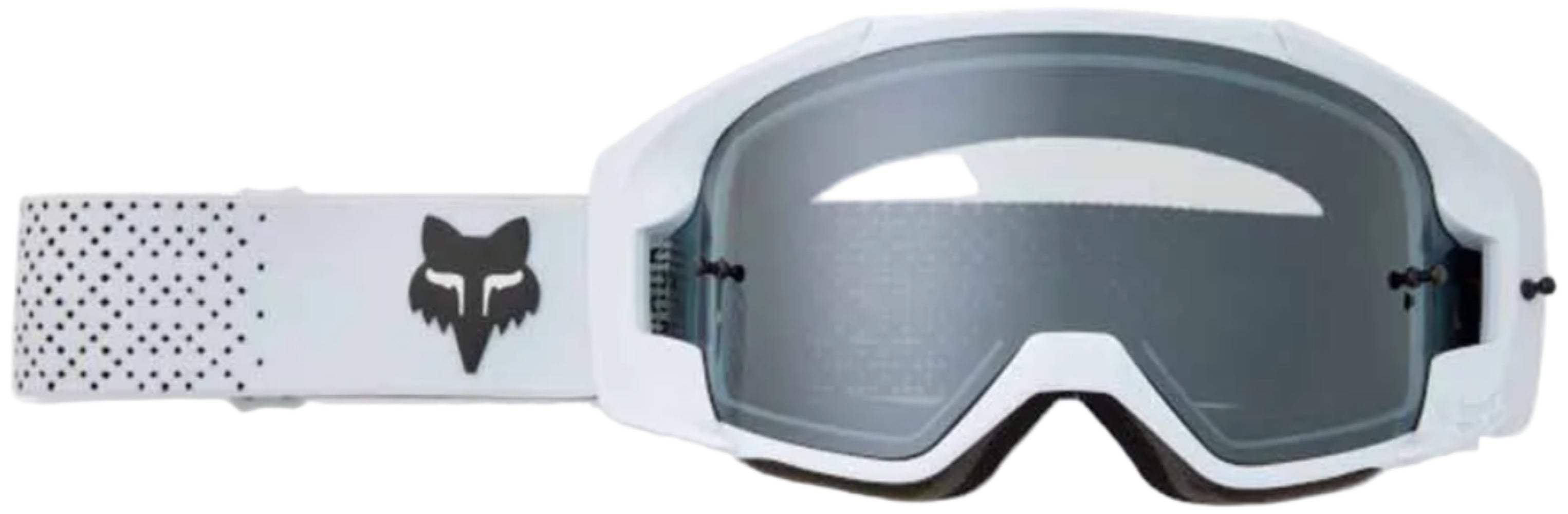 Fox Vue Core goggles, black with clear lenses, designed for motocross and off-road riding, showing a close-up of the goggles.