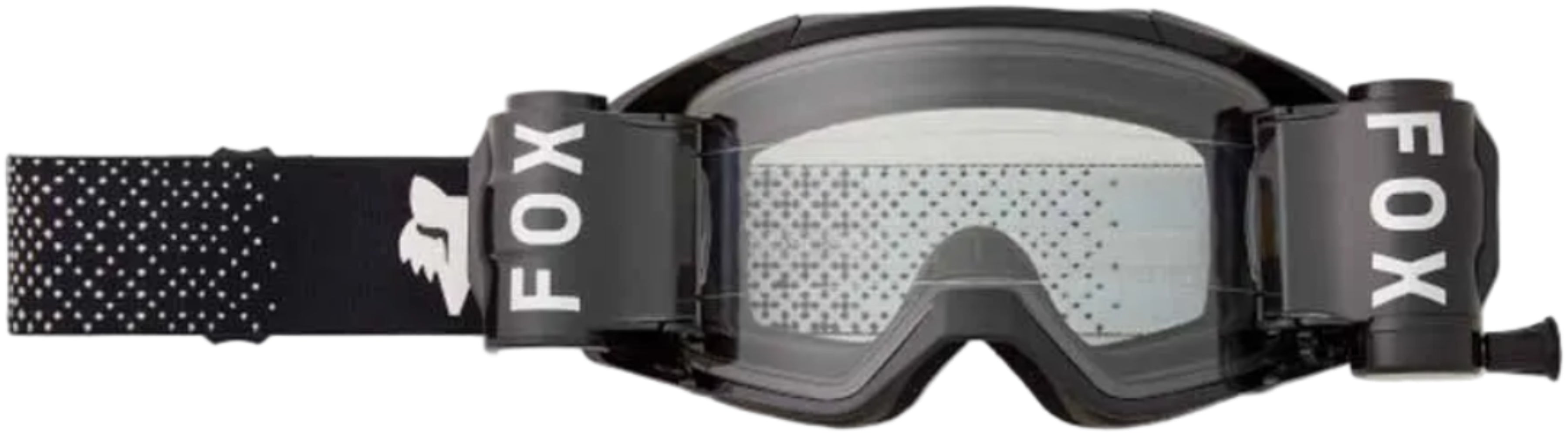 Fox Vue Roll Off goggles for motocross, showing the clear lens and adjustable strap in a close-up view.