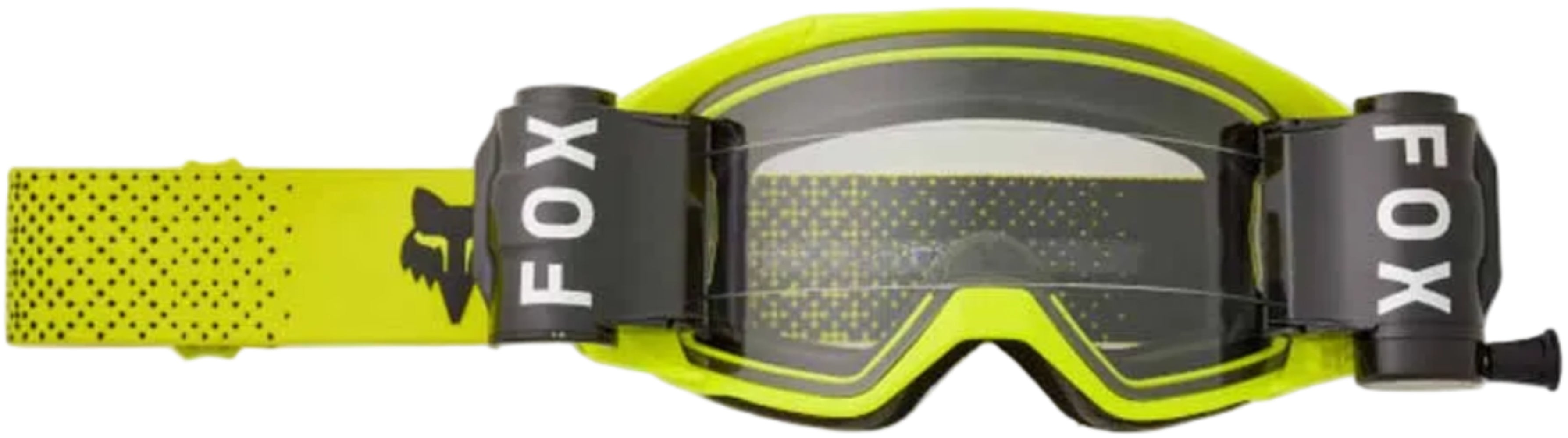 Fox Vue Roll Off goggles for motocross, featuring clear lenses and adjustable straps, designed for durable motorcycle riding accessories.