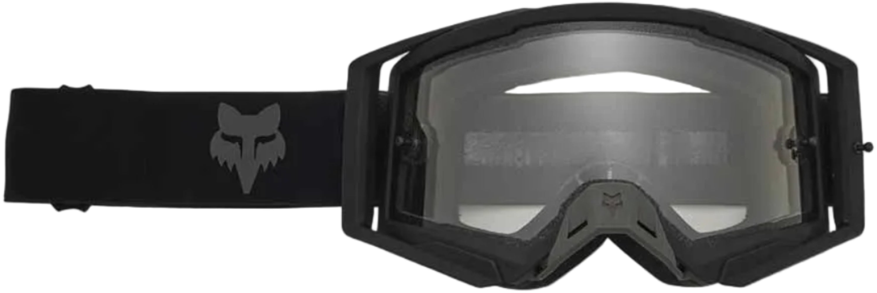 Fox Airspace Enduro Goggles, black frame with clear lens and adjustable strap, designed for off-road biking accessories.