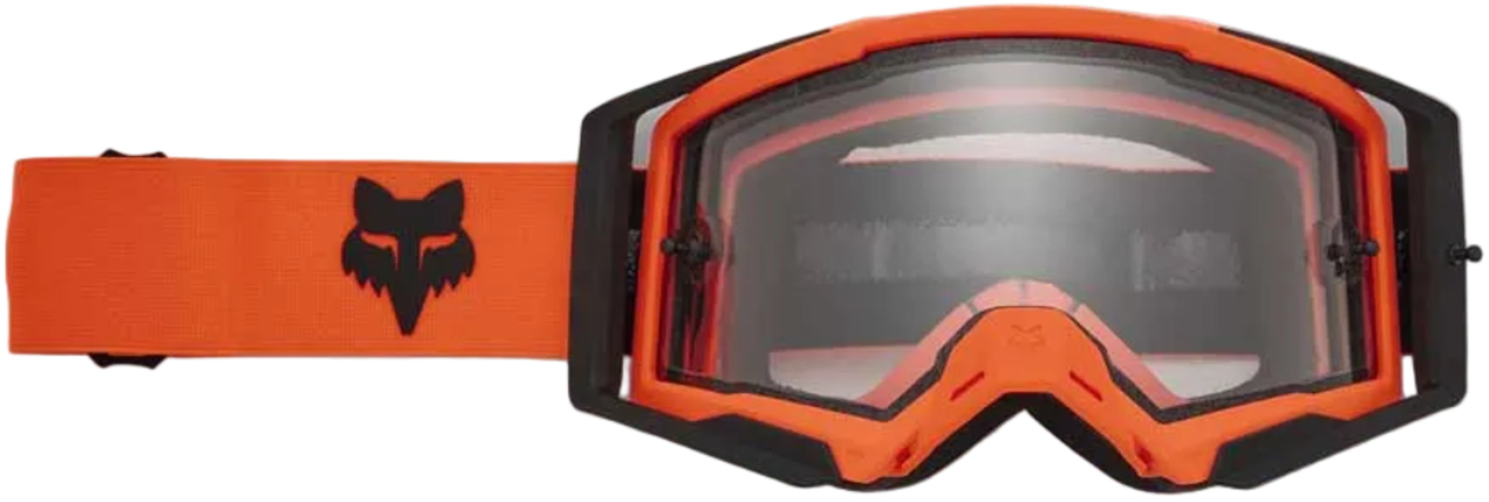 Fox Airspace Enduro goggles showing clear lens, black frame, and adjustable strap for mountain biking and enduro riding.