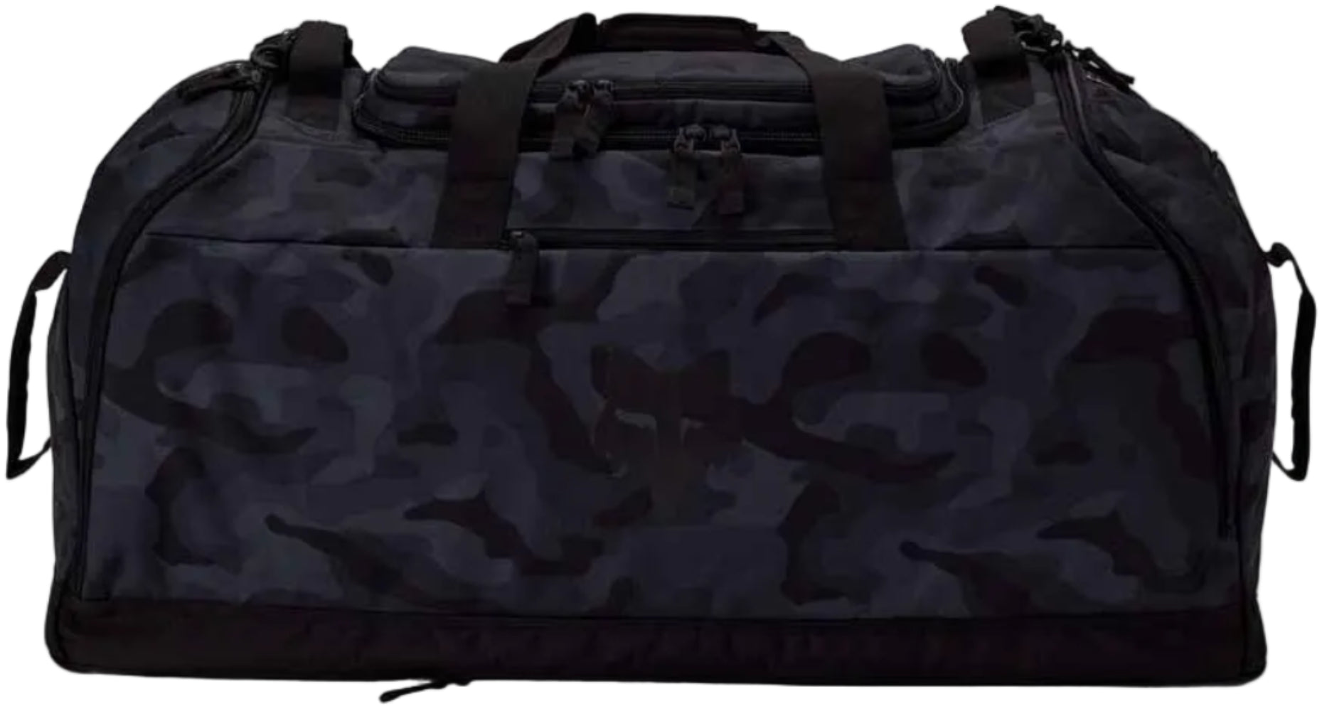 Fox Podium Duffle Bag in black with adjustable shoulder strap and multiple zippered compartments, designed for versatile accessories storage.