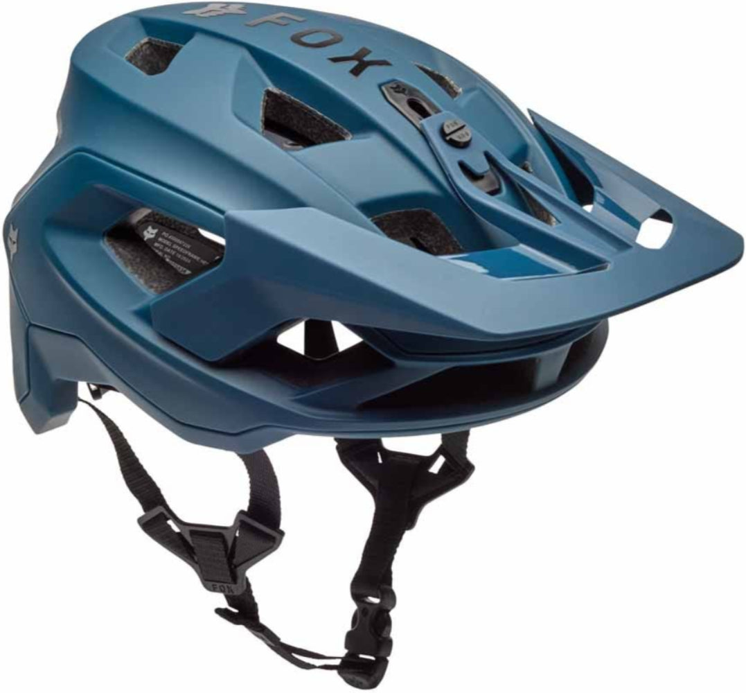 Fox Speedframe SOLID MIPS MTB helmet showing a sleek black design with adjustable straps and ventilation for mountain biking.