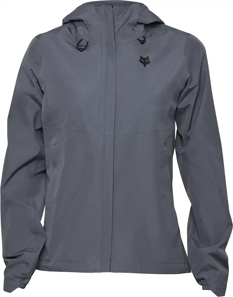 Fox Ranger 2.5L Water Women's Jacket showing a lightweight, waterproof black jacket with hood and Fox branding.