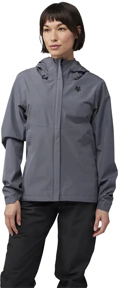 Fox Ranger 2.5L Women's waterproof jacket showcasing a lightweight, breathable design with a hood and zippered pockets.