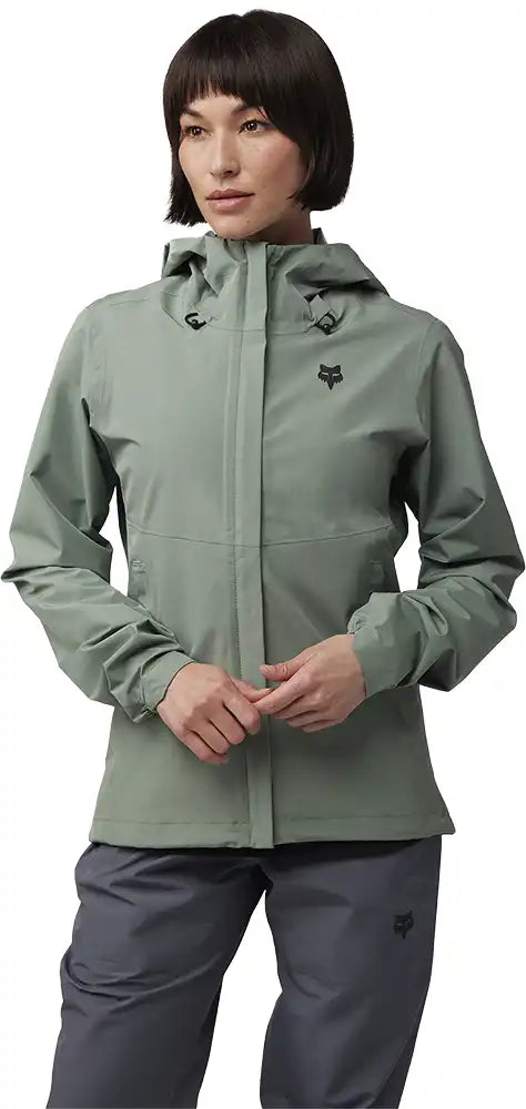 Fox Ranger 2.5L Women's Waterproof Jacket showing the black jacket with hood and logo, designed for outdoor protection.