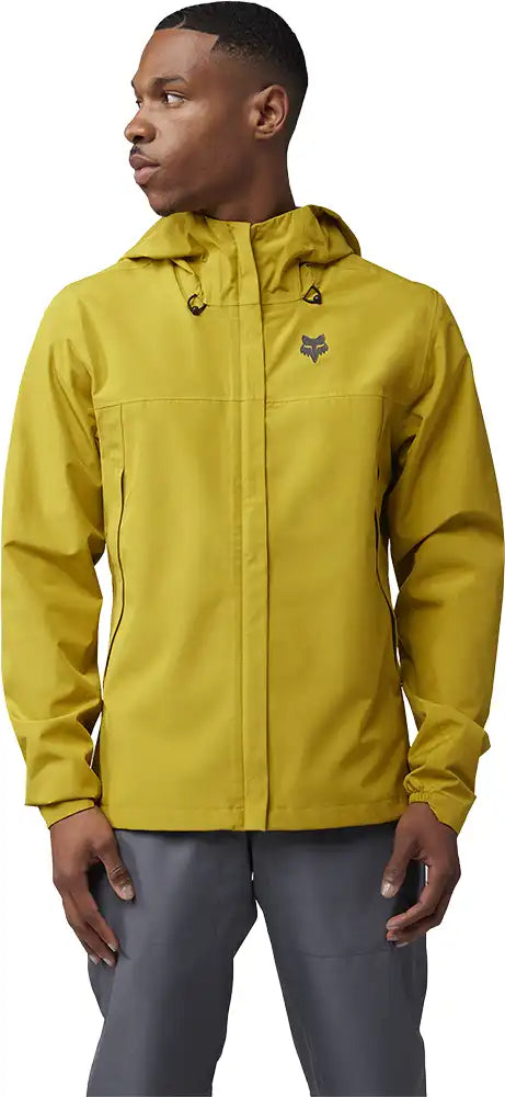 Men's Fox Ranger 2.5L waterproof jacket in black, featuring a hood, zipper closure, and adjustable cuffs for outdoor wear.