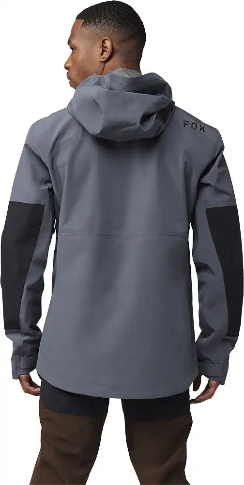 Fox Defend 3L Water Mens Jacket, waterproof outdoor clothing with a sleek design and adjustable hood for outdoor activities.
