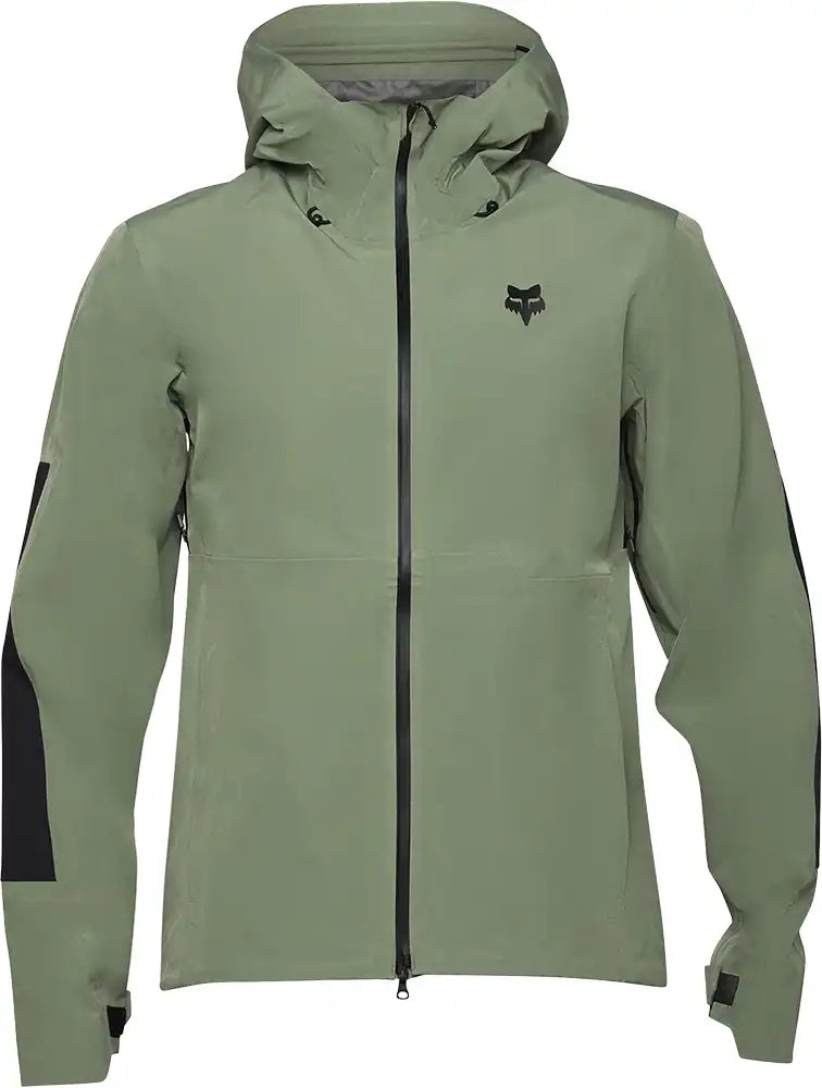 Men's Fox Defend 3L Water Jacket featuring a waterproof design, adjustable hood, and durable outdoor clothing for rainy conditions.