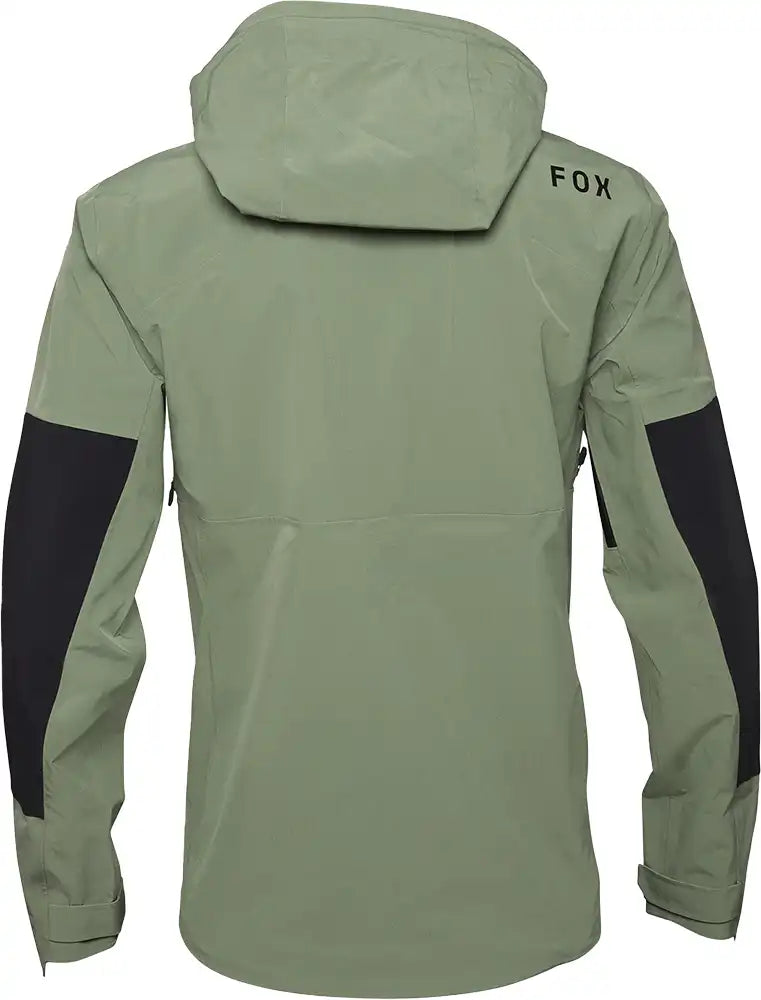 Fox Defend 3L Water Men's jacket displayed in black, featuring a waterproof design with a full front zipper and adjustable hood.