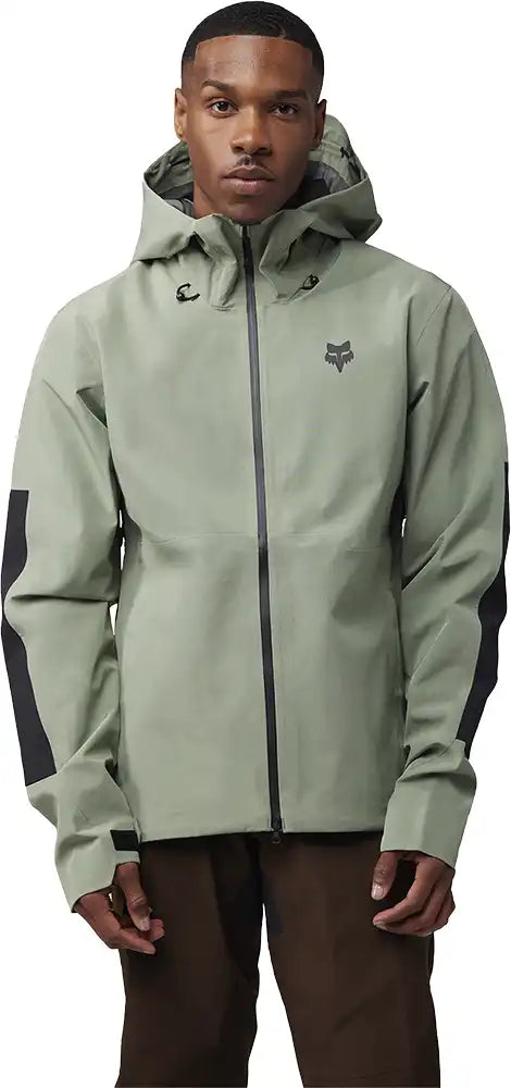 Men's Fox Defend 3L Water Jacket showing a sleek, waterproof outdoor jacket with Fox branding and adjustable features.