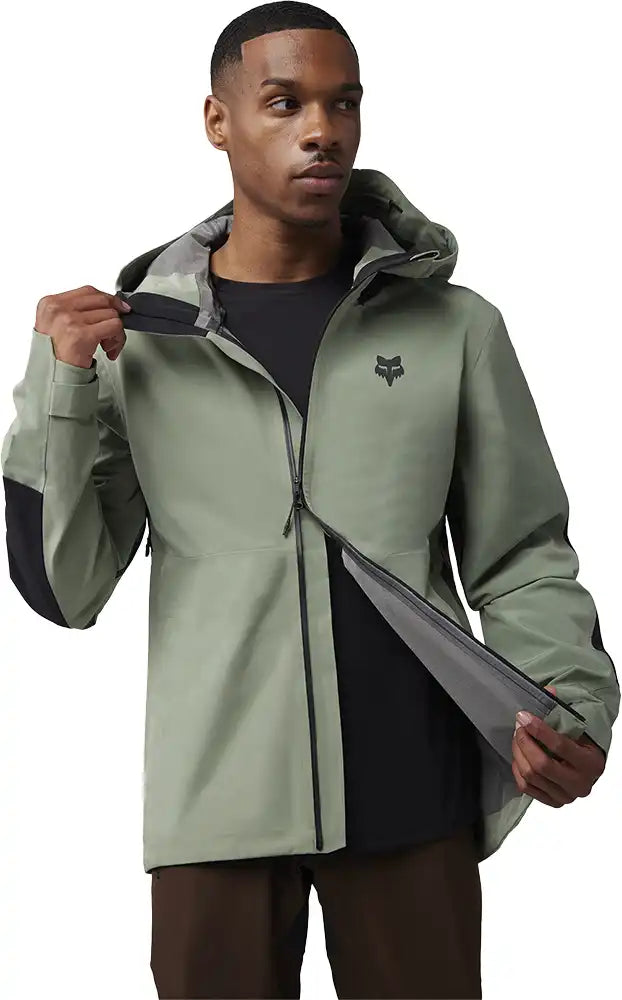 Fox Defend 3L Water men's jacket, waterproof outdoor clothing with a hood, designed for protection and durability in rough weather.