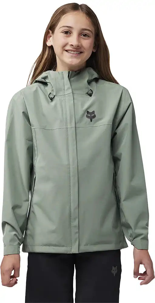 Fox Ranger 2.5L Water Youth Jacket, waterproof outdoor clothing for kids, in black with Fox branding and a hood.