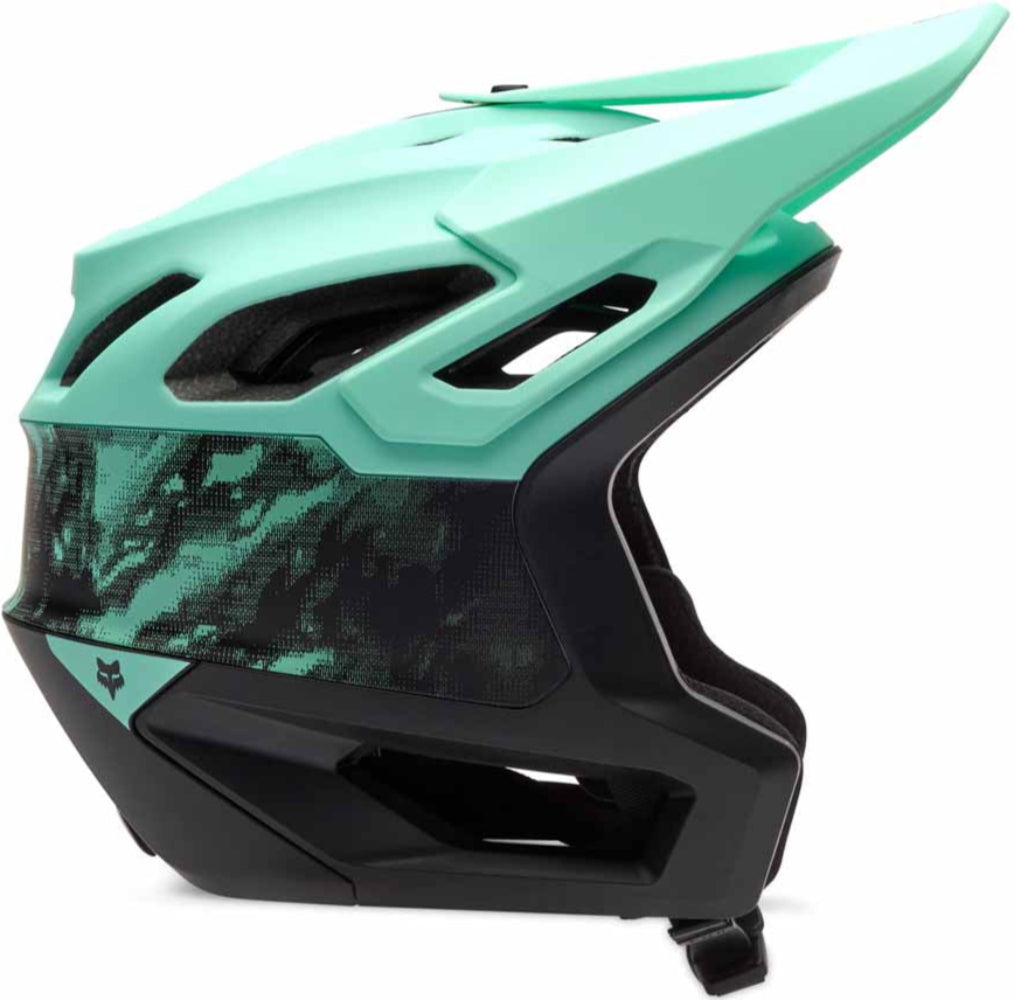 Fox Dropframe Pro KAIROS MIPS MTB helmet with adjustable visor and ventilation system, shown from the front view.