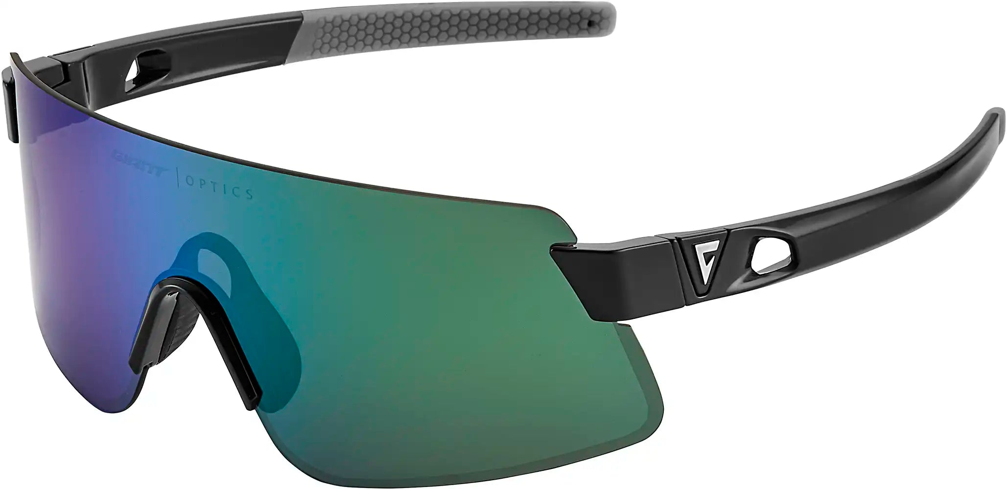 Black Giant Helio sunglasses with purple polarized lenses, sleek design, and brand logo on the frame.