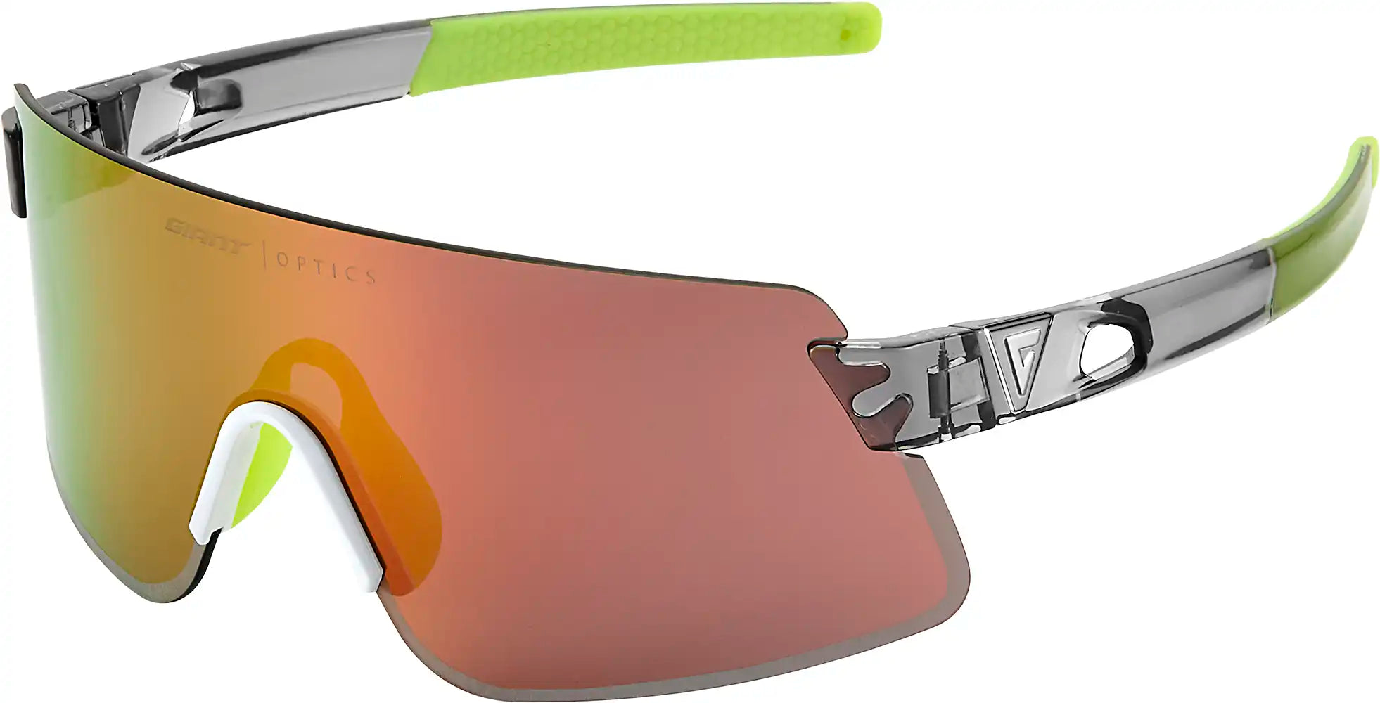 Giant Helio sunglasses with transparent gray frame and red polarized lenses, stylish accessory for sun protection.