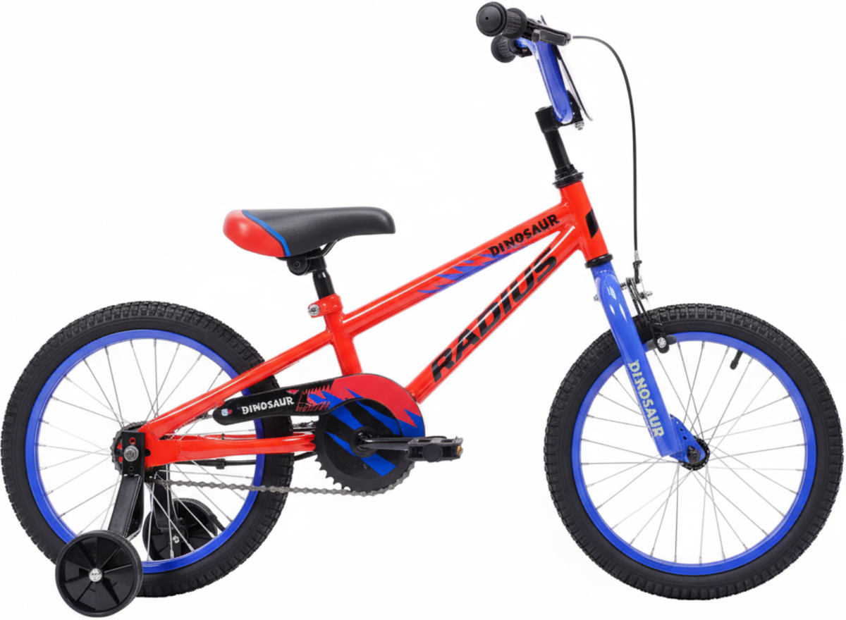 Kids' Radius Dinosaur 16-inch bike with colorful dinosaur-themed frame and training wheels for young children.