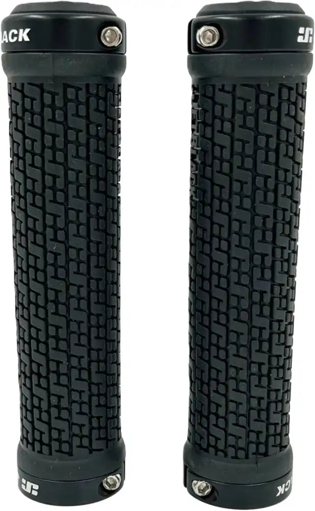 Jetblack Pin Lock On Grips, black BMX handlebar grips with locking rings, designed for secure fit and comfortable grip.