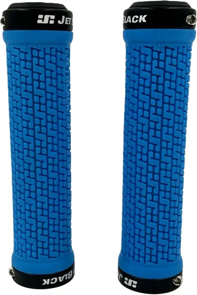 Jetblack Pin Lock On grips in blue and black rings, durable bike handlebar parts with secure locking mechanism.
