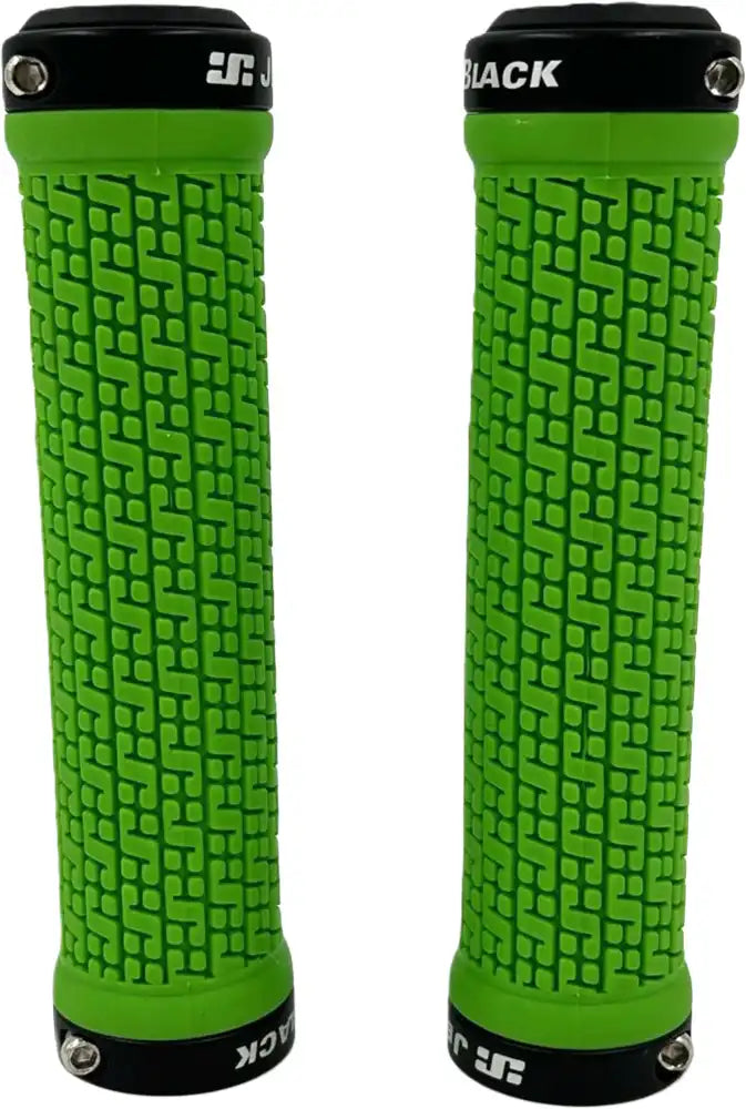 Jetblack Pin Lock On grips in green with black rings, designed for bicycle handlebars, offering secure and comfortable handling.