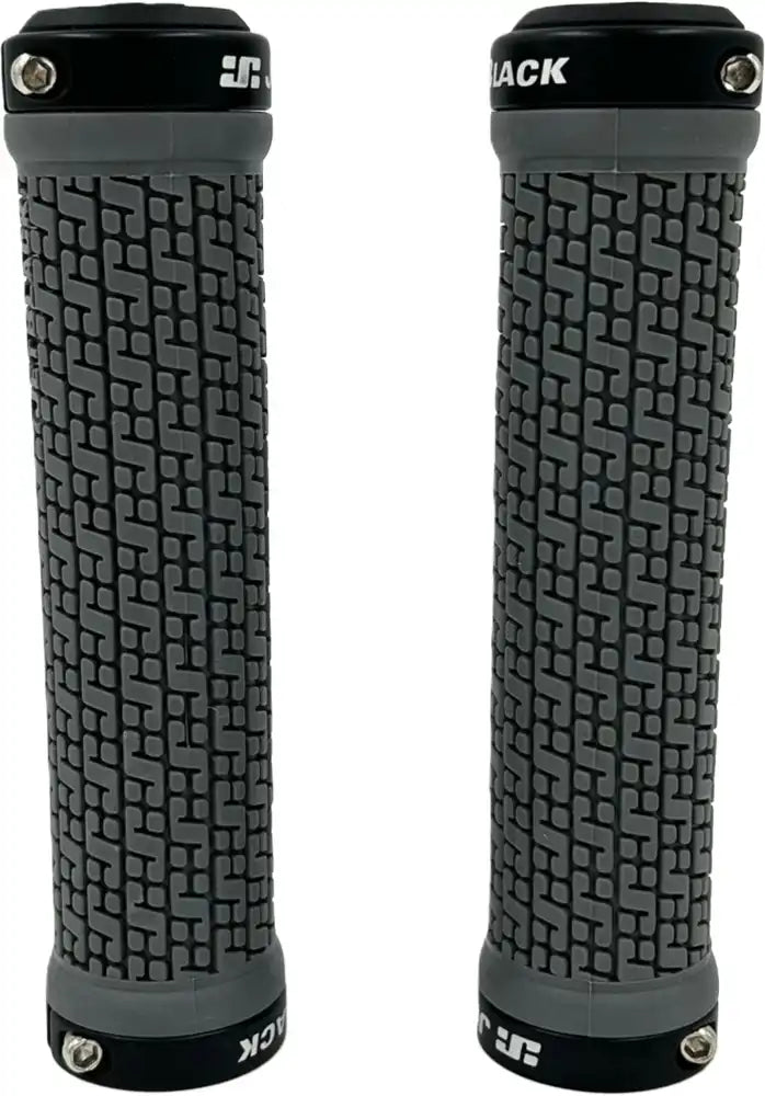 Jetblack pin lock-on grips for bikes, featuring grey rubber with black metal rings, designed for secure hand grip and durability.