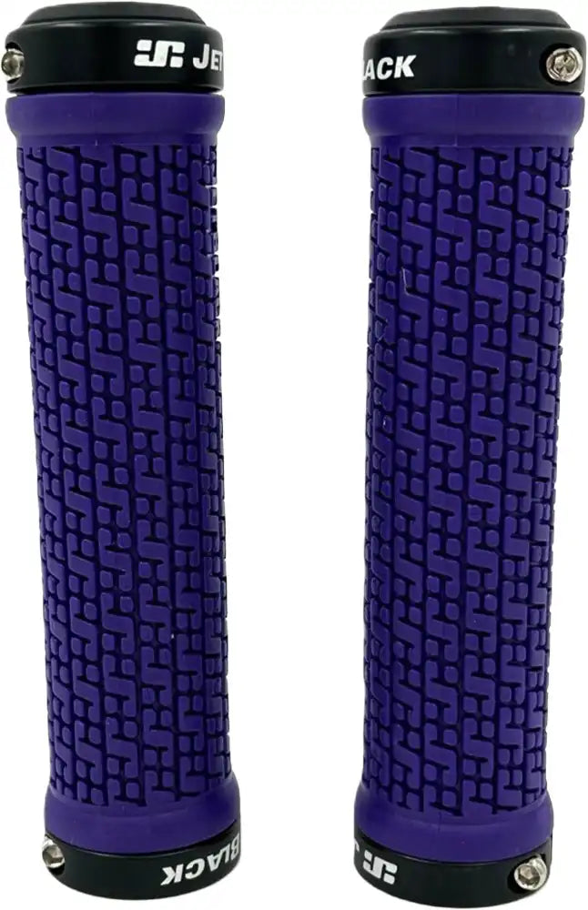 Jetblack Pin Lock On grips in purple and black rings, designed for bicycle handlebars, featuring secure locking mechanisms.