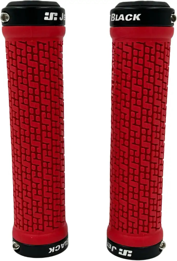 Jetblack Pin Lock On Grips with red and black rings, designed for secure bike handlebar attachment and enhanced grip performance.