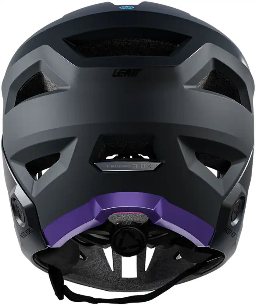 Leatt Enduro 3.0 full face helmet in cream, grey, and purple with ventilation, designed for mountain biking safety.