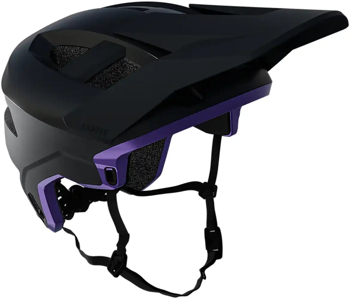 Leatt Enduro 3.0 full face helmet with cream, grey, and purple design, showcasing its aerodynamic shape and ventilation features.