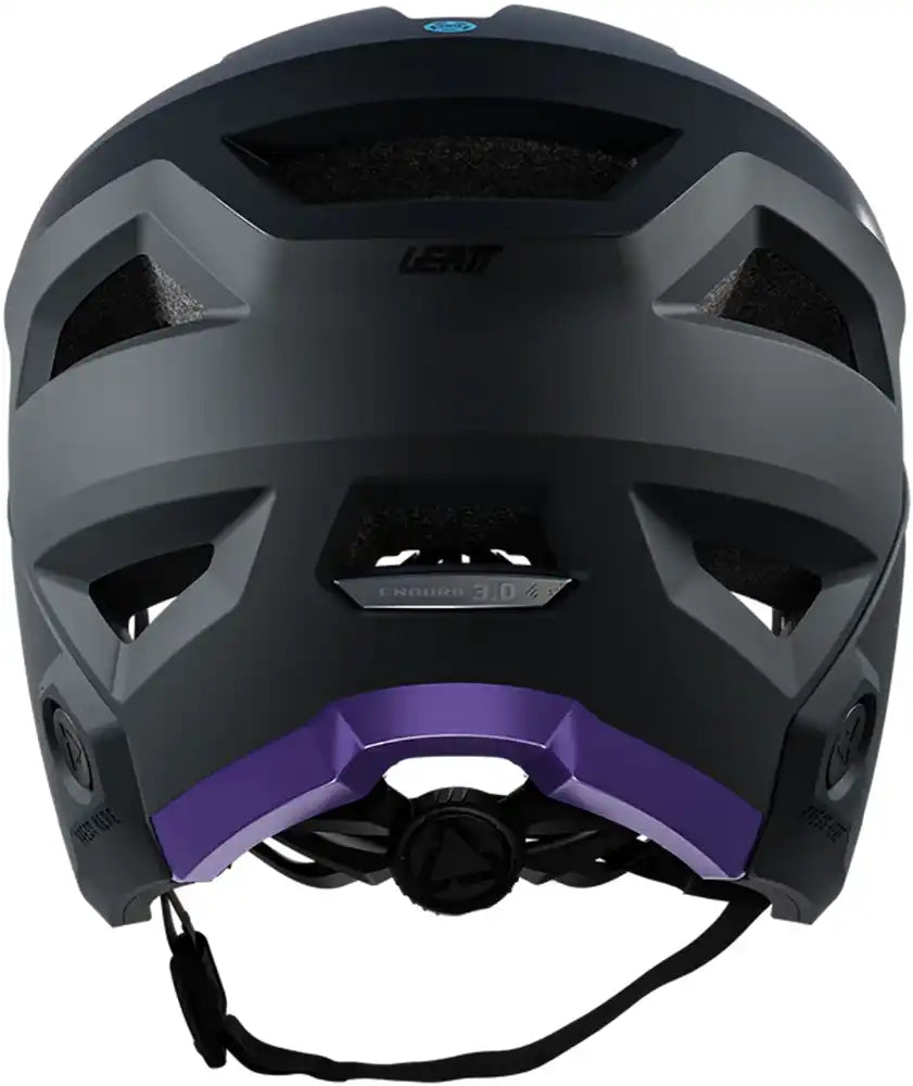Leatt Enduro 3.0 full face helmet in cream, grey, and purple with rear padding, designed for mountain biking safety.