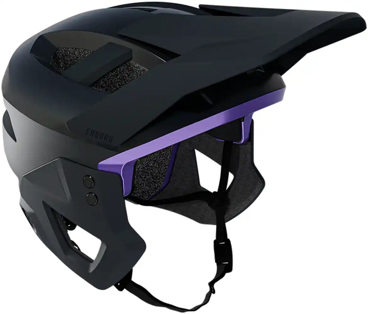 Leatt Enduro 3.0 full face helmet in cream, grey, and purple with padded interior for mountain biking protection.
