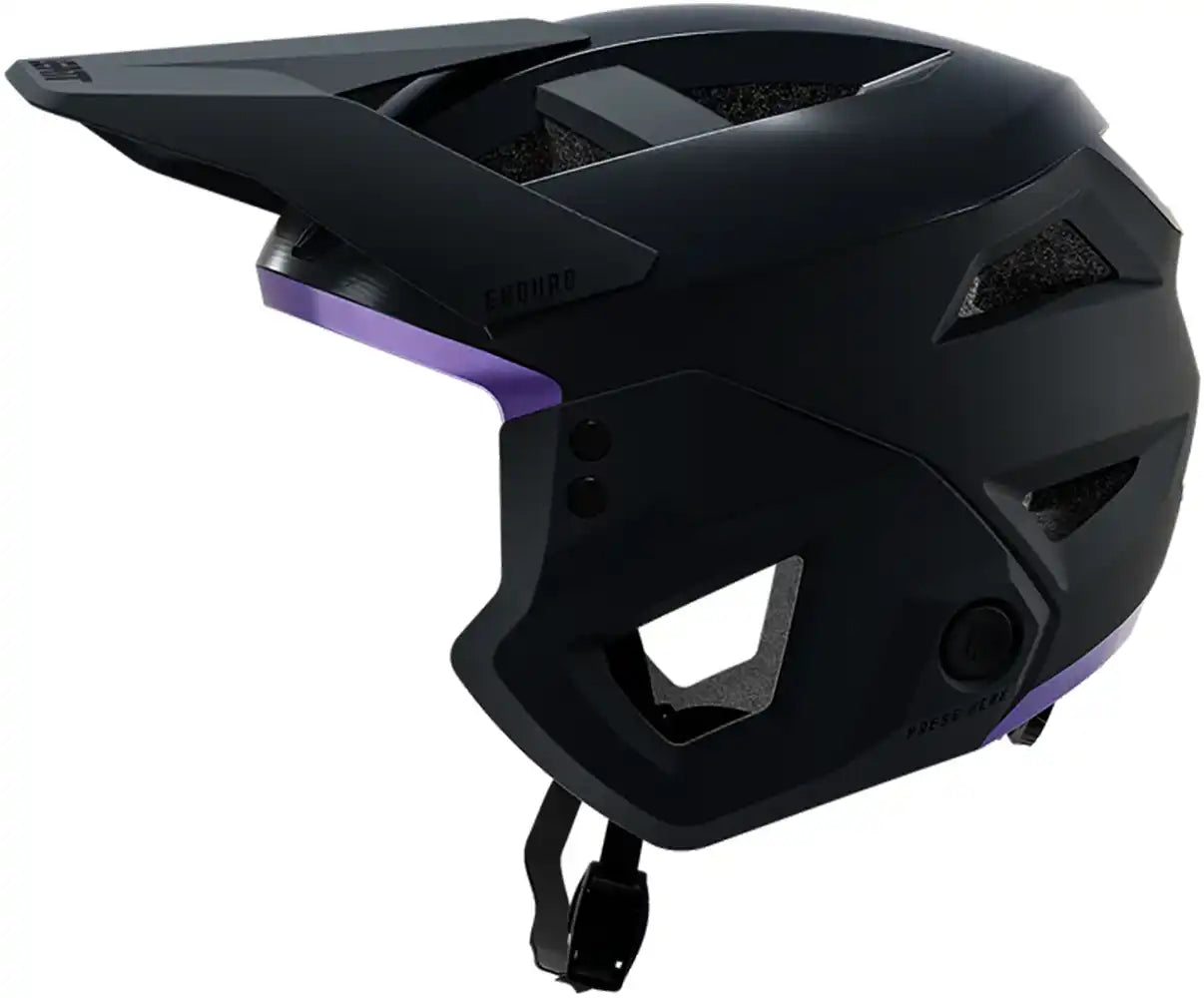 Leatt Enduro 3.0 full face helmet with cream, grey, and purple design, showing padded interior and ventilation vents.