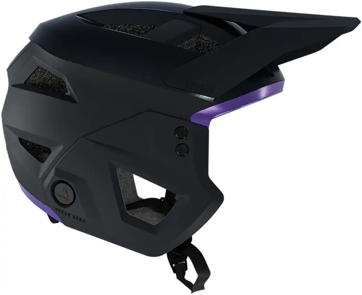 Leatt Enduro 3.0 full face helmet in cream, grey, and purple with padding, designed for mountain biking and enduro riding.