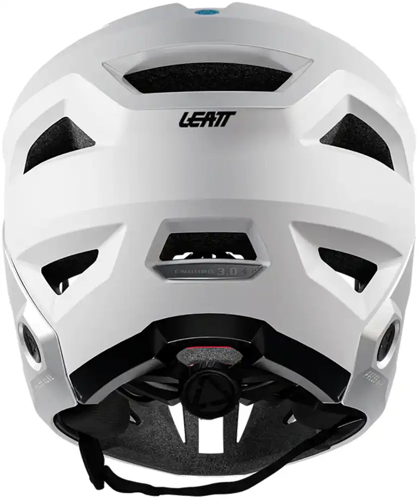 Leatt Enduro 3.0 full face helmet in white with cream accents, designed for mountain biking and trail riding protection.