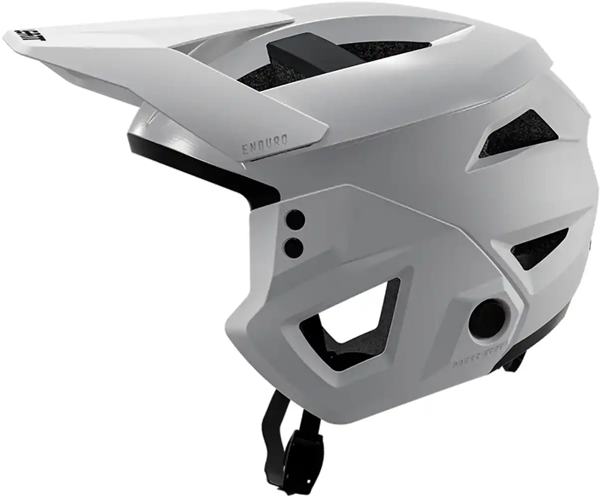 Leatt Enduro 3.0 full face helmet in white with cream accents, showcasing helmet vents and padded interior for mountain biking.