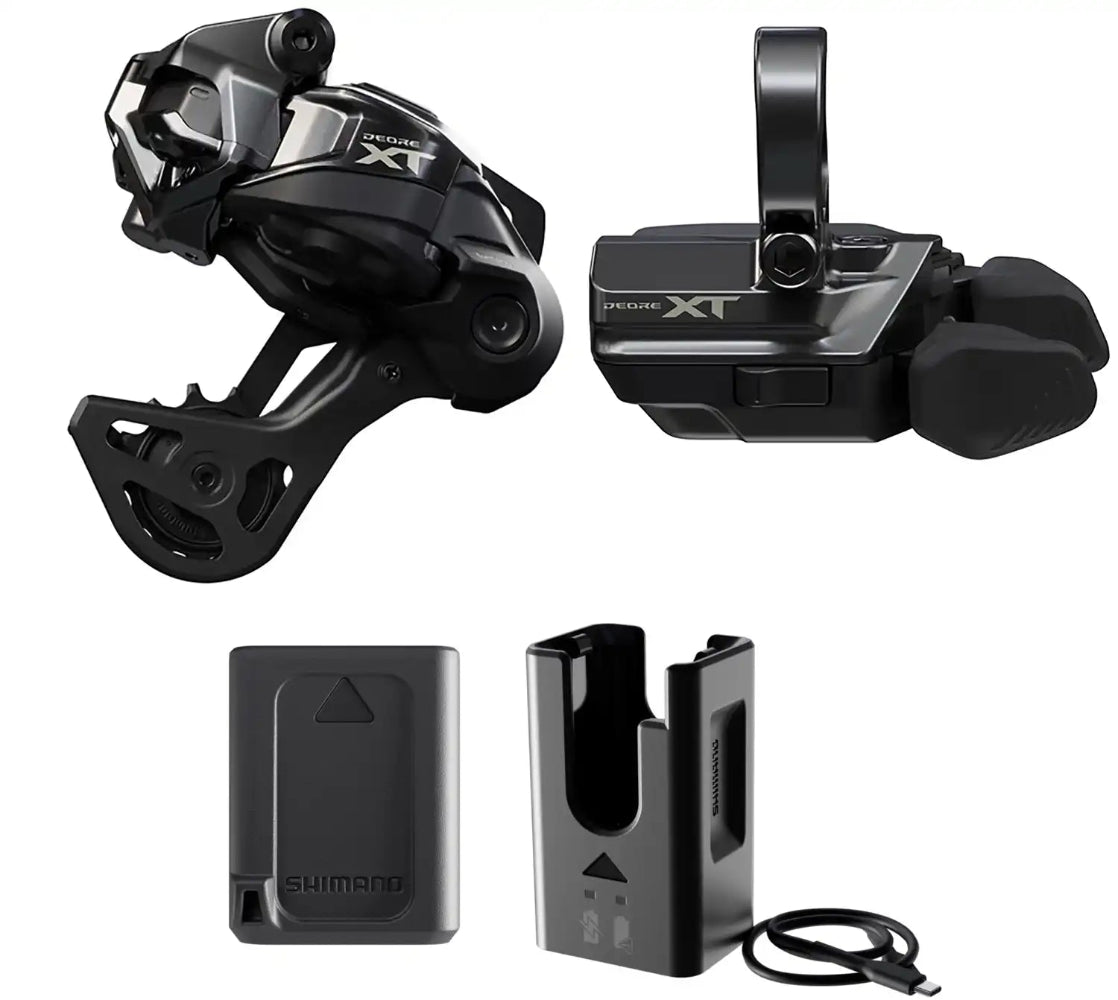 Shimano XT Di2 M8250 12-speed drivetrain parts kit with shifters, derailleur, and cassette for mountain biking.