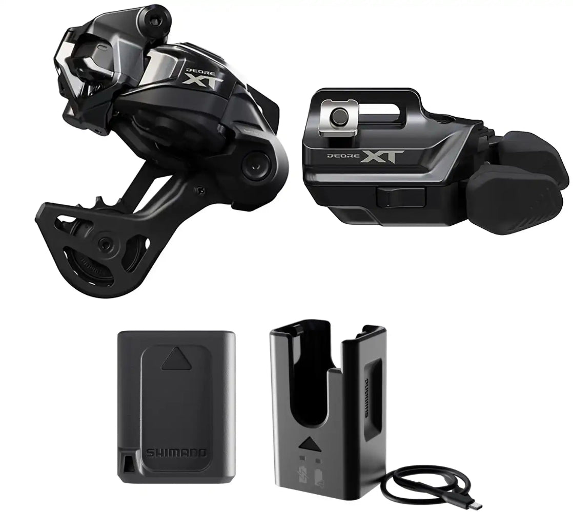Shimano XT Di2 M8250 12-speed drivetrain parts kit with shifter, derailleur, and cassette components for mountain biking.