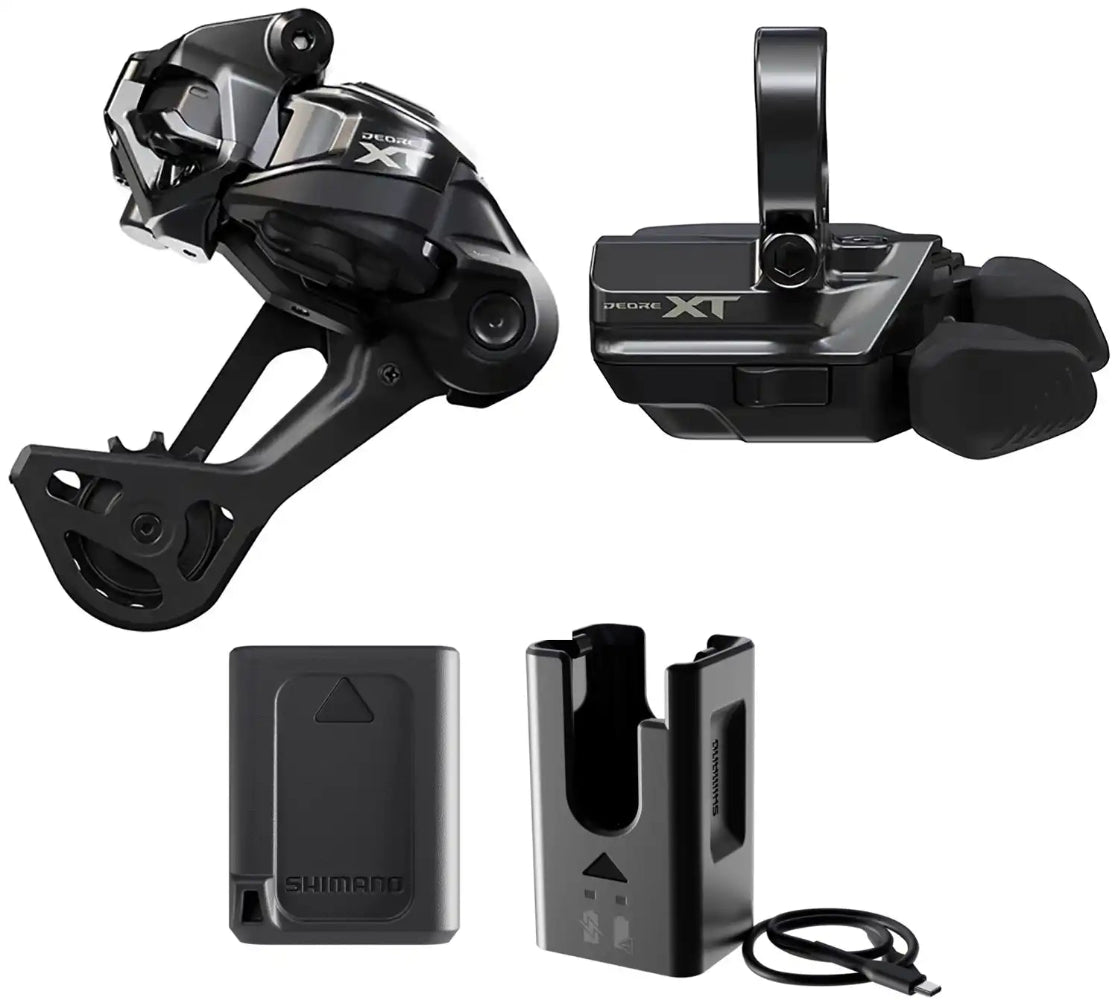 Shimano XT Di2 M8250 12-speed drivetrain kit with electronic shifters and components for mountain biking.