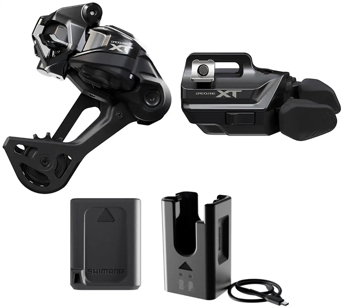 Shimano XT Di2 M8250 12-speed drivetrain parts kit with derailleur and components, designed for high-performance mountain biking.