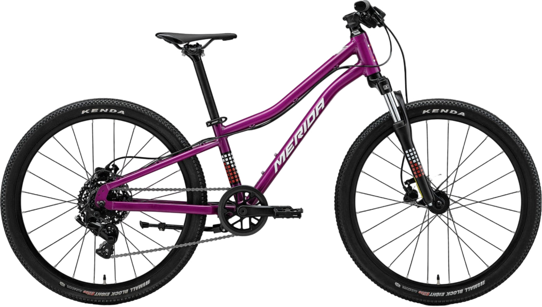Kids' Merida Matts J24 mountain bike with black frame and colorful accents, designed for young cyclists and outdoor adventures.