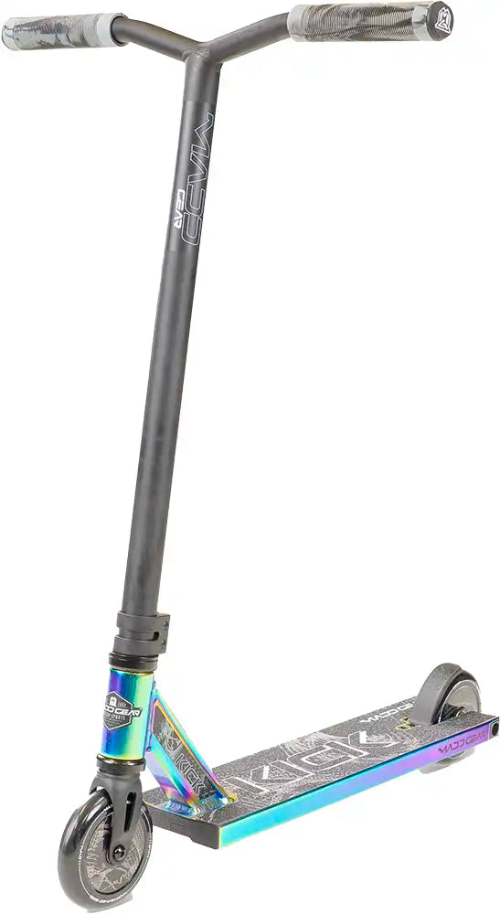 MGP Kick Extreme scooter with neon chrome finish, featuring durable deck, handlebars, and wheels for stunt riding and tricks.