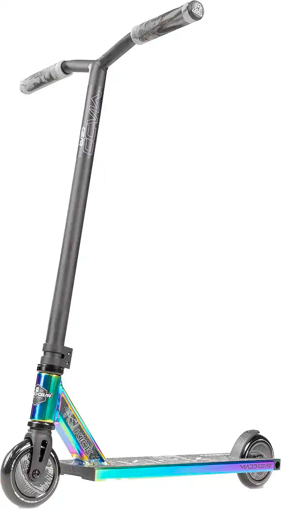 MGP Kick Extreme scooter with neon chrome finish, featuring sturdy deck, handlebars, and wheels for freestyle riding.